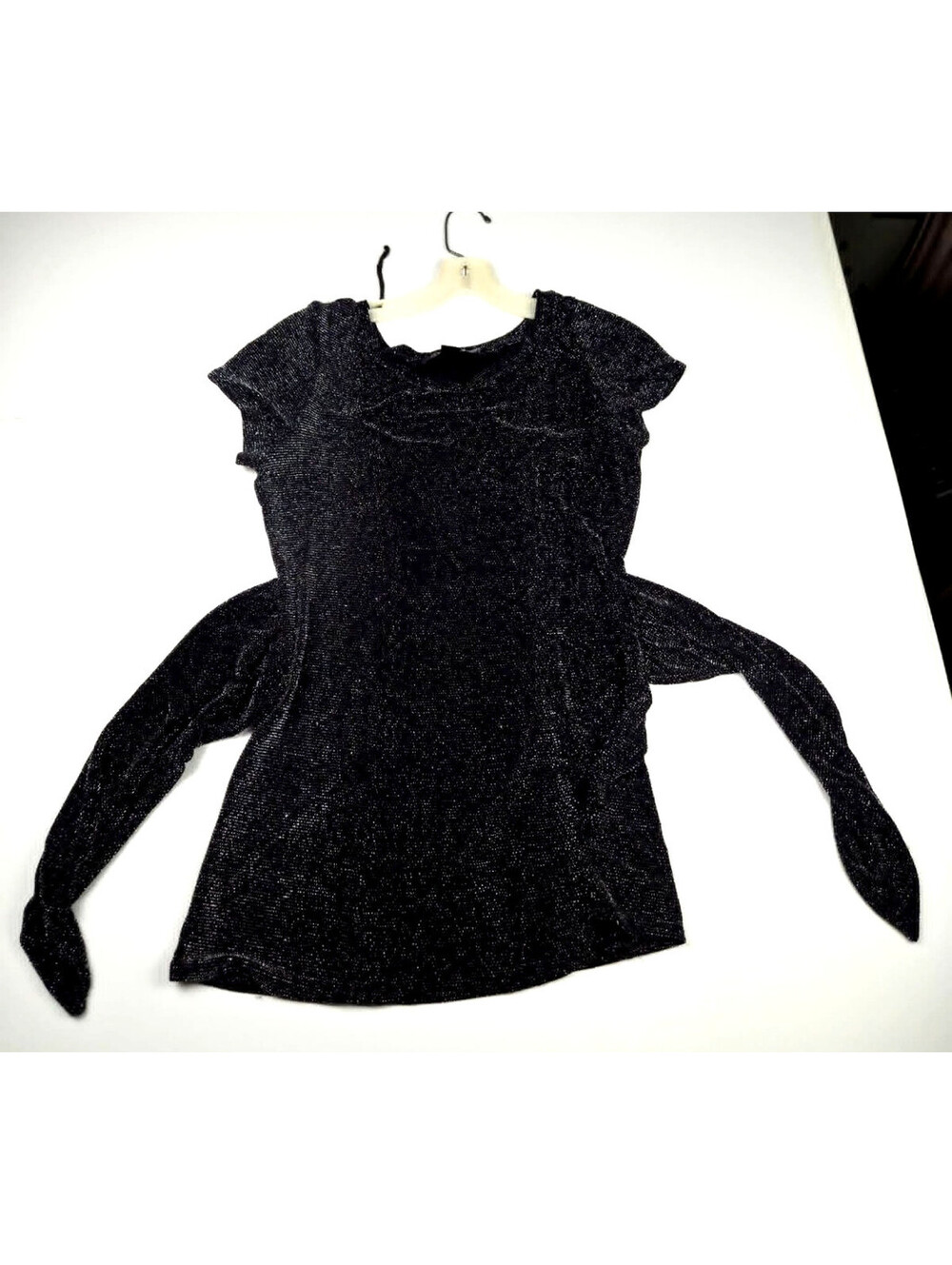 Perceptions New York Black Silver Metallic Tie Waist Tunic Top Womens 10